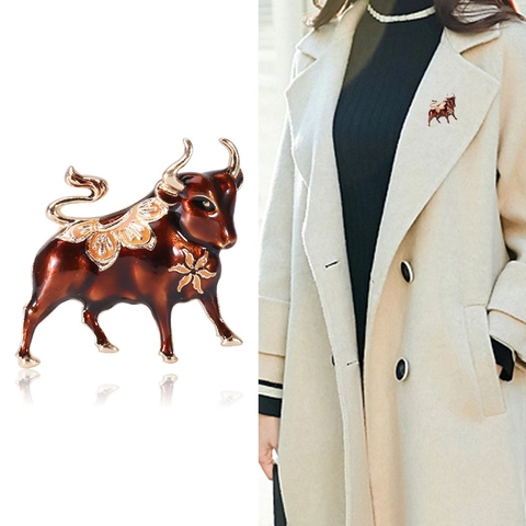 Vintage Enamel Bull Brooch For Women Men Zodiac Ox Animal Pin Gold Plated Fashion Jewelry Suit Lapel Pin Accessories Gift