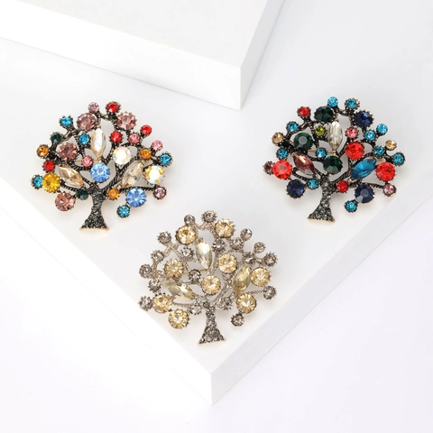 Broche Arbre de Vie en Alliage Vintage avec Strass pour Femmes Mode Coréenne Épinglette Arbre de Fortune Bijoux Cadeau