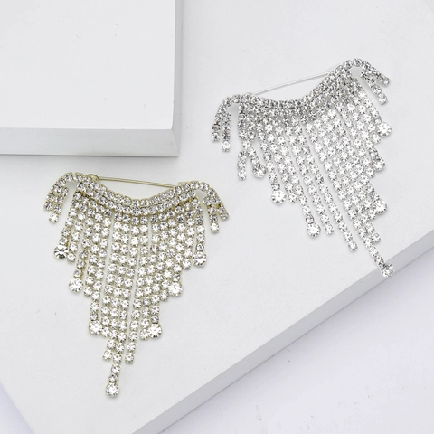 Broche de Borla de Strass de Aleación de Lujo para Mujer Alfiler de Flecos Largos en V para Trajes Cárdigan Joyería