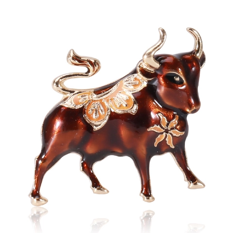 Vintage Enamel Bull Brooch For Women Men Zodiac Ox Animal Pin Gold Plated Fashion Jewelry Suit Lapel Pin Accessories Gift