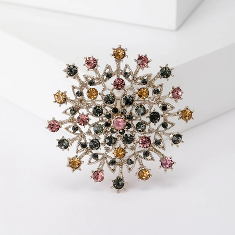 Vintage Alloy Multi-color Rhinestone Large Flower Brooch For Women Sparkling Snowflake Crystal Breastpin Fashion Jewelry Accessory