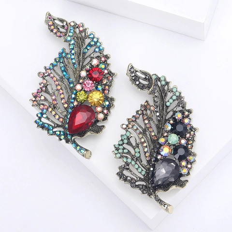 Vintage Luxe Legering Kristal Blad Brosche Voor Vrouwen Pak Mantel Corsage Strass Ingelegde Botanische Sieraden Decoratie Speld