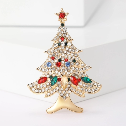 Elegant Alloy Multicolor Rhinestone Christmas Tree Brooch Gold Plated Festive Star Pin For Women Coat Suit Fashion Jewelry