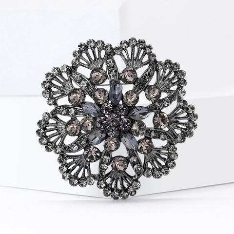 Broche Floral de Aleación Vintage Negro de Fusil Incrustado de Strass Diseño Hueco Joyería para Mujer Fiesta Banquete