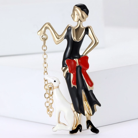 Vintage Legierung Emaille Dame Geht Mit Hund Brosche Mit Metallkette Mode Art Deco Dame Figur Tier Korsage Pin Schmuck Für Damen