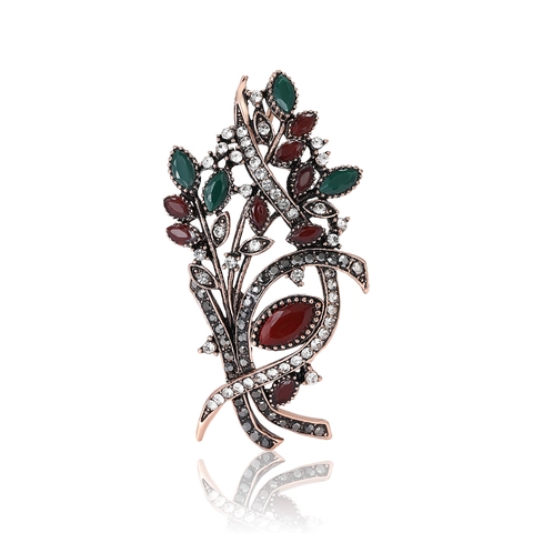Vintage Alloy Leaf Brooch For Women Antique Copper Rhinestone Inlaid Plant Corsage Elegant Suit Cardigan Jewelry Pin