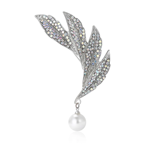 Koreanische Elegante Blatt Strass Künstliche Perle Brosche Pin Für Damen Versilberte Legierung Pflanzenform Sicherheitsnadel Schmuck Geschenk