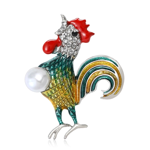 Broche de Gallo Vintage para Mujeres Hombres Aleación Esmalte Diamantes de Imitación Perla Artificial Animal Joyería de Moda
