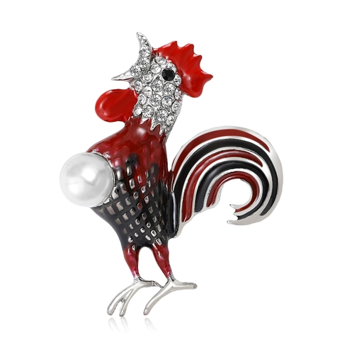 Broche de Gallo Vintage para Mujeres Hombres Aleación Esmalte Diamantes de Imitación Perla Artificial Animal Joyería de Moda
