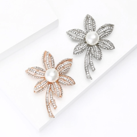 Broche de Flor Vintage Con Perla Artificial Grande y Diamantes Incrustados Aleación Pin Para Mujer Elegante Boda Banquete Fiesta Decoración