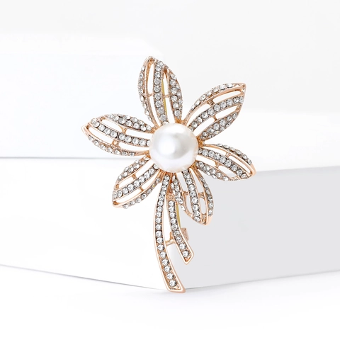 Broche de Flor Vintage Con Perla Artificial Grande y Diamantes Incrustados Aleación Pin Para Mujer Elegante Boda Banquete Fiesta Decoración