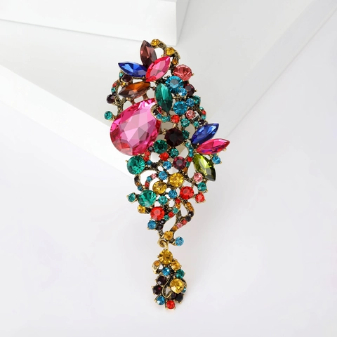 Vintage Legierung Mehrfarbig Strass Blume Brosche Für Damen Elegant Tränenform Quaste Korsage Pin Bankett Party Schmuck Zubehör