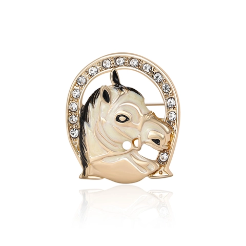 Vintage Enamel Horse Head Brooch Rhinestone Horseshoe Animal Pin Fashion Alloy Jewelry For Suit Scarf Accessory Men Women