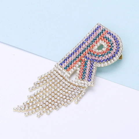 Mehrfarbige Strass Buchstabe R Brosche Für Damen Übertriebene Geometrische Lange Quaste Legierung Brosche Mode Bankett Schmuck