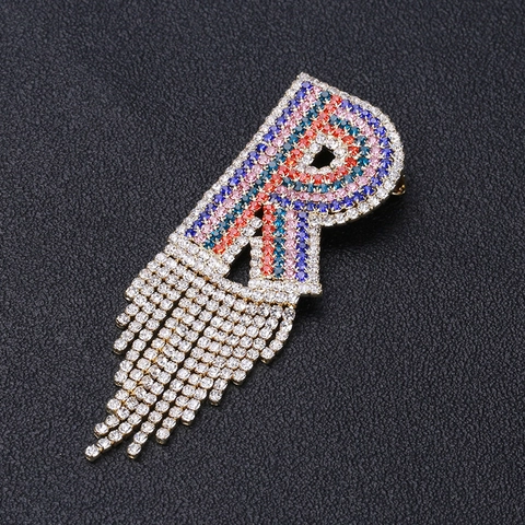 Mehrfarbige Strass Buchstabe R Brosche Für Damen Übertriebene Geometrische Lange Quaste Legierung Brosche Mode Bankett Schmuck