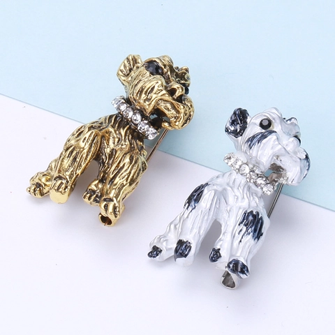 Vintage Alloy Schnauzer Dog Brooch For Women Men Rhinestone Enamel Animal Lapel Pin Suit Coat Clothing Accessory Jewelry Gift