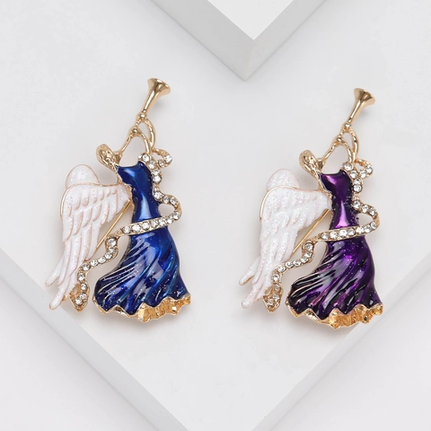 Broche De Ángel Vintage En Aleación Tocando El Cuerno Con Esmalte Y Strass Pin Elegante Accesorio De Ropa Para Regalo De Boda Fiesta Mujer Joyería