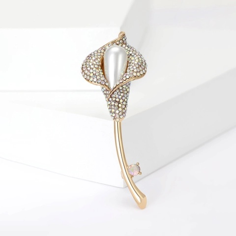Spilla in Lega di Calla Lily Vintage Con Strass E Perla Artificiale Elegante Corsage Floreale da Donna Oro Argento Accessorio Cappotto