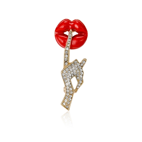 Spilla Creativa a Forma di Labbra Rosse con Gesto del Silenzio per Donna Lega Strass Smalto Pin Dito Gioielli di Moda