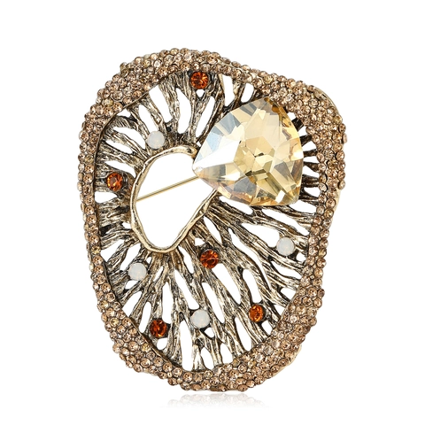 Vintage Alloy Rhinestone Crystal Brooch Large Triangular Glass Stone Hollow Tree Branch Design Luxurious Fashion Women Brooch Pin Jewelry