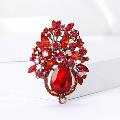 Vintage Luxurious Alloy Water Drop Rhinestone Brooch Large Flower Crystal Breastpin For Women Suit Dress Wedding Party Jewelry