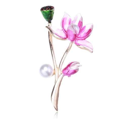Elegante Broche de Flor de Loto de Aleación Pétalos de Esmalte Perlas Artificiales Diamantes de Imitación para Mujer