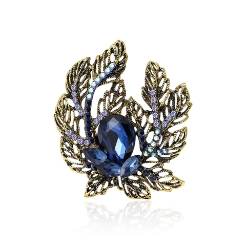 Elegant Vintage Alloy Rhinestone Leaf Brooch For Women Retro Floral Inlaid Large Water Drop Gemstone Overcoat Pin Jewelry Accessory