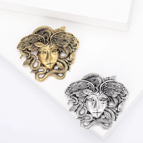 Retro Medusa Kopf Brosche Vintage Legierung Relief Schlange Haar Pin Antik Gold Silber Mythologie Figur Brosche Für Herren Damen