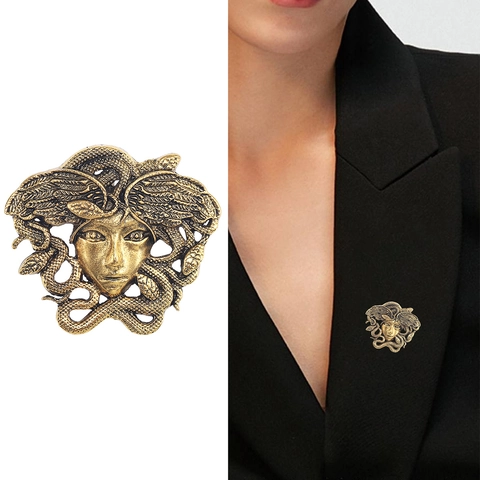 Retro Medusa Kopf Brosche Vintage Legierung Relief Schlange Haar Pin Antik Gold Silber Mythologie Figur Brosche Für Herren Damen
