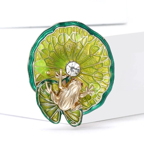 Squisita Spilla in Lega Smaltata Con Rana Su Foglia Di Loto Per Uomo Donna Gioielli Botanici Vintage Con Strass Regalo