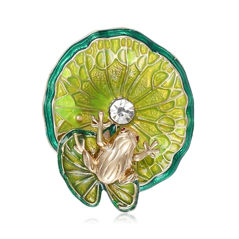 Squisita Spilla in Lega Smaltata Con Rana Su Foglia Di Loto Per Uomo Donna Gioielli Botanici Vintage Con Strass Regalo