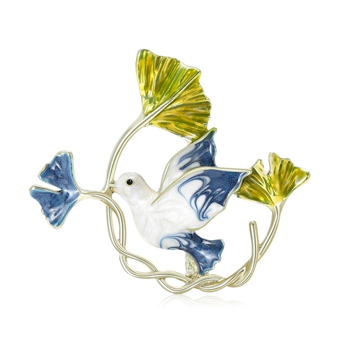 Enamel Peace Dove Brooch For Women Gold Plated Alloy Gingko Leaf Rhinestone Pin Fashion Bird Corsage Jewelry Accessory