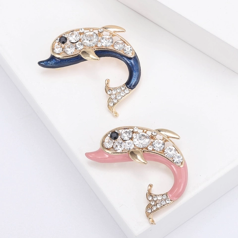Broche de Delfín de Aleación Esmalte y Strass para Mujer Alfiler de Animal Chapado en Oro para Traje Cárdigan Joyería