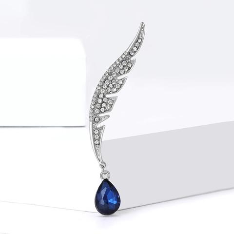 Elegant Silver Color Alloy Feather Wing Rhinestone Brooch With Deep Blue Teardrop Pendant For Women Fashion Jewelry Pin