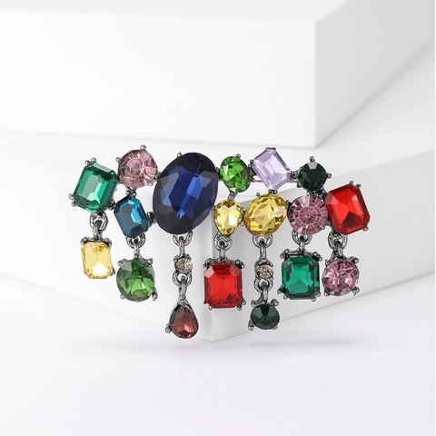 Broche en Alliage Vintage avec Strass Multicolores pour Femmes Broche Exagérée en Verre de Cristal avec Glands pour Costumes Manteaux Pulls Bijoux