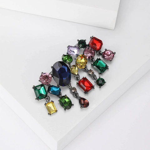 Broche en Alliage Vintage avec Strass Multicolores pour Femmes Broche Exagérée en Verre de Cristal avec Glands pour Costumes Manteaux Pulls Bijoux