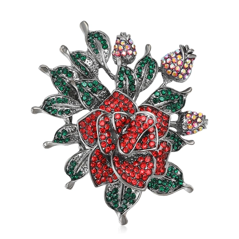 Vintage Luxus Legierung Rose Blume Brosche Damen Mit Bunten Strasssteinen Besetzt Mode Anzug Mantel Accessoires Schmuck Geschenk