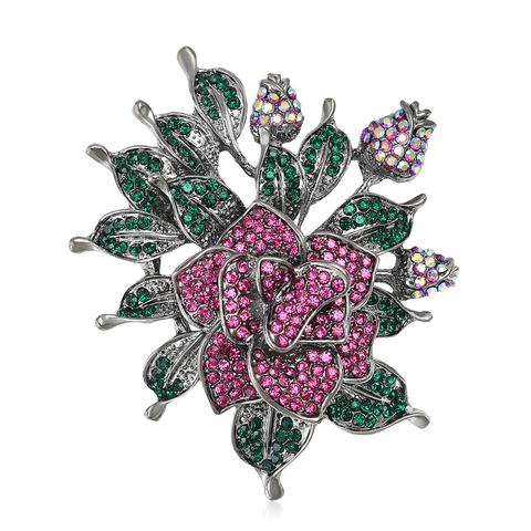 Vintage Luxus Legierung Rose Blume Brosche Damen Mit Bunten Strasssteinen Besetzt Mode Anzug Mantel Accessoires Schmuck Geschenk