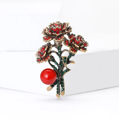 Vintage Elegant Red Flower Brooch For Women Alloy Rhinestone Artificial Pearl Bouquet Pin Mother Day Fashion Jewelry