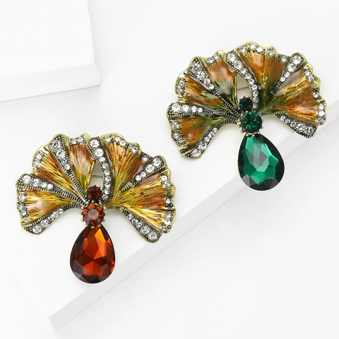 Vintage Ginkgo Blad Emaille Brosje Voor Vrouwen Luxe Legering Strass Waterdruppel Edelstein Waaiervormige Speld Sieraden Cadeau