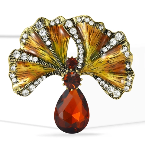 Vintage Ginkgo Blad Emaille Brosje Voor Vrouwen Luxe Legering Strass Waterdruppel Edelstein Waaiervormige Speld Sieraden Cadeau