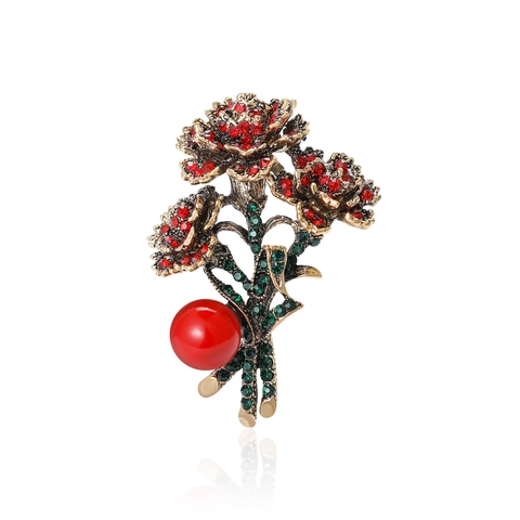 Vintage Elegant Red Flower Brooch For Women Alloy Rhinestone Artificial Pearl Bouquet Pin Mother Day Fashion Jewelry