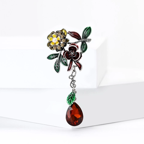 Spilla Vintage a Forma di Fiore di Camelia per Donna in Lega di Smalto Perla Artificiale Strass Pendente a Goccia d'Acqua Elegante