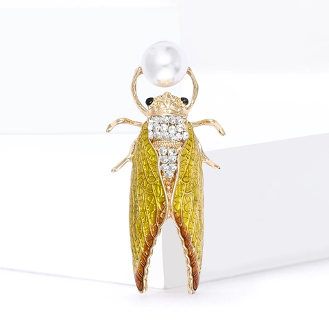 Spilla Vintage Insetto Cicala per Uomo Donna Smalto Delicato Strass Perla Artificiale Spilla da Bavero Animale Gioielli Regalo