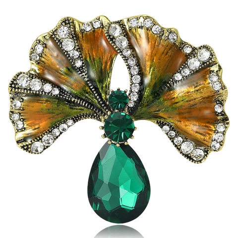 Vintage Ginkgo Leaf Brooch For Women Alloy Rhinestone Enamel Fan Shaped Pin Teardrop Crystal Pendant Jewelry Accessory