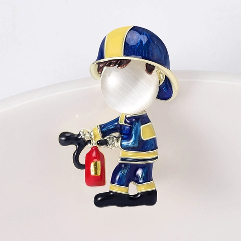 Cartoon Firefighter Brooch Pin Alloy Enamel Cat's Eye Stone Hero Badge For Men Women Kids Fashion Jewelry Gift Accessory