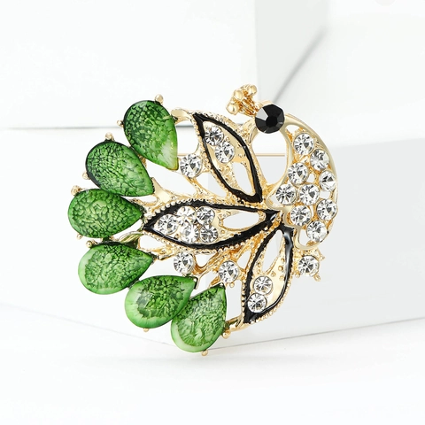 Luxus Legierung Pfau Brosche Mit Grünen Steinen Und Strass Vintage Tier Anstecknadel Für Damen Bankett Schmuck Geschenk