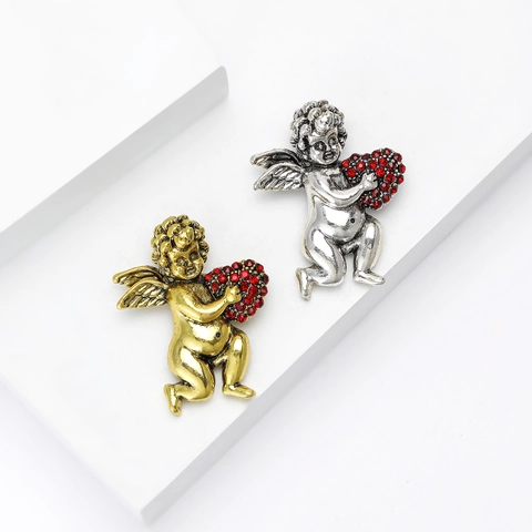 Broche de Aleación Vintage Ángel Cupido Con Corazón Rojo Diamantes de Imitación Pin Creativo Romántico Joyería San Valentín Mujer
