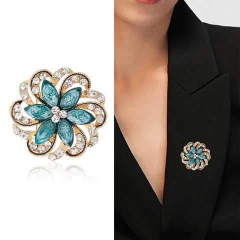 Broche de Flor Vintage para Mujer de Aleación Chapada en Oro Piedra Artificial Azul Strass Broches Florales para Vestido Suéter Abrigo