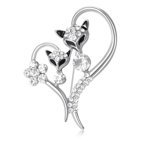Broche Cœur de Renard en Alliage de Strass à la Mode pour Femmes Pin's de Revers en Émail Animal Mignon Bijoux Or Argent